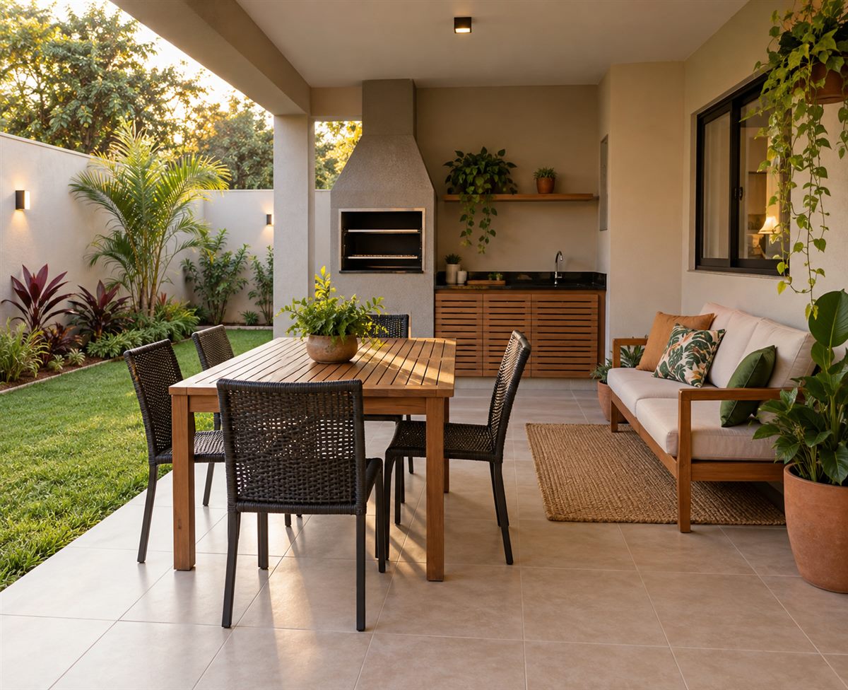 Área externa coberta com mesa de jantar, sofá e churrasqueira