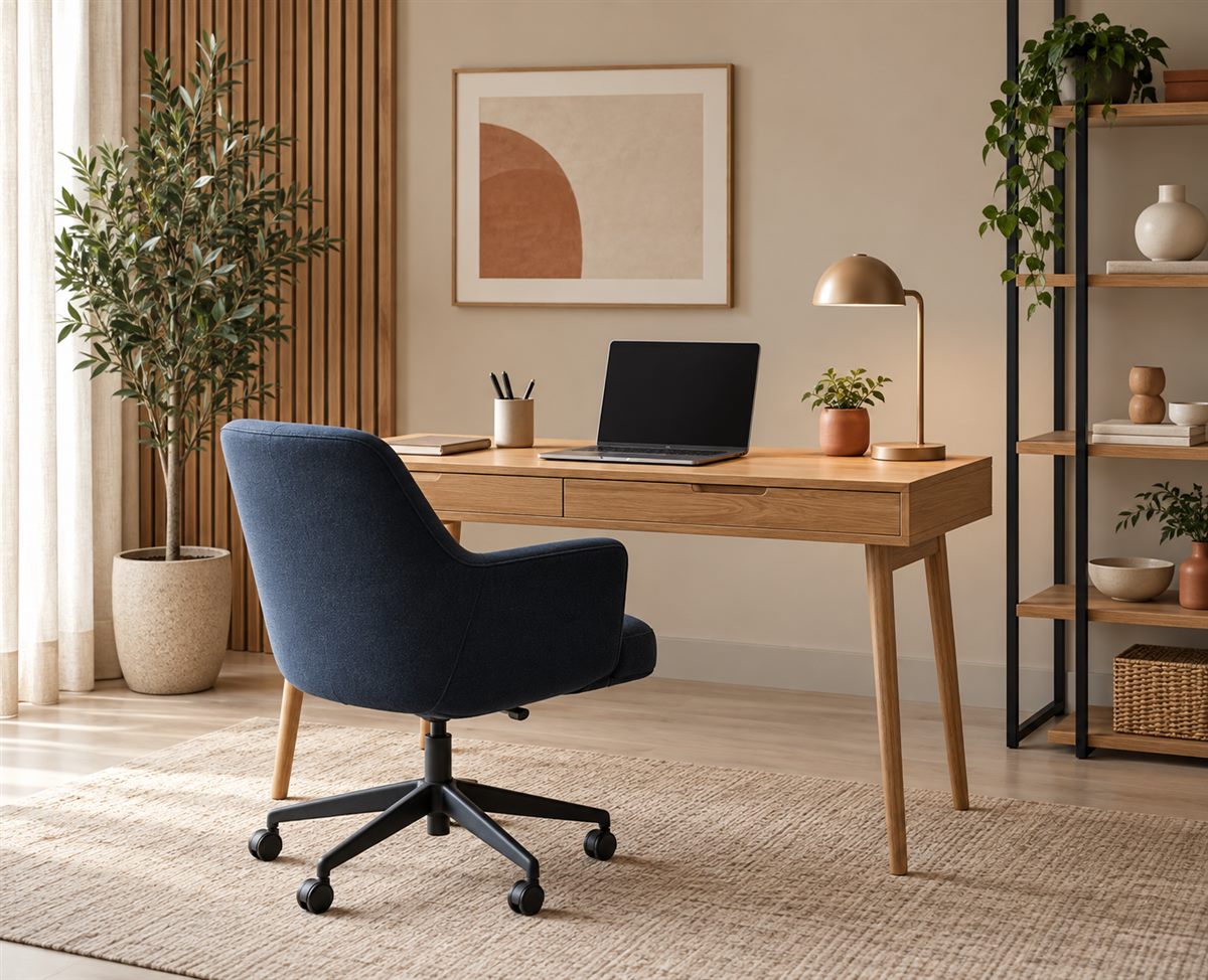 Escritório com mesa de madeira, cadeira estofada azul e estante