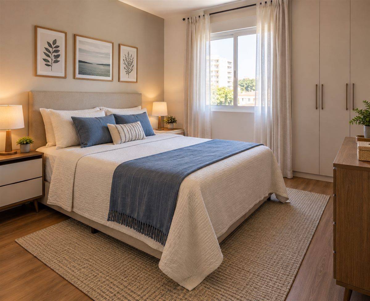Quarto com cama de casal, cabeceira estofada e cortinas
