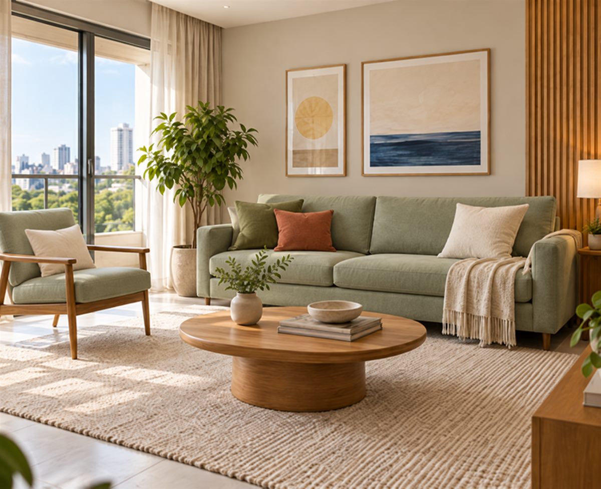 Sala de estar com sofá verde, poltrona e vista da cidade