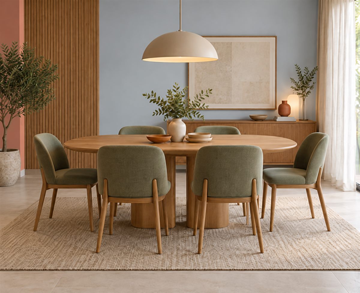 Sala de jantar com mesa redonda de madeira e cadeiras estofadas verdes