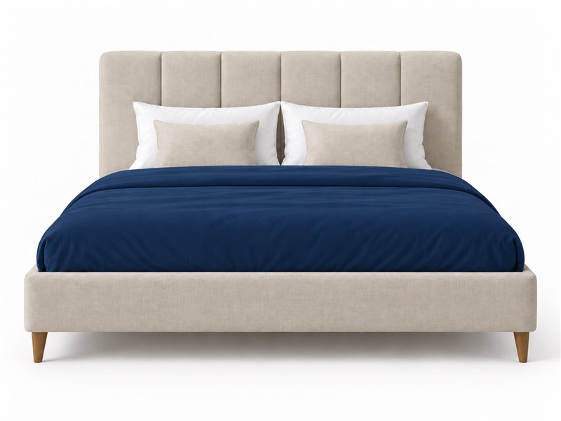 Cama de casal estofada com roupa de cama azul-marinho