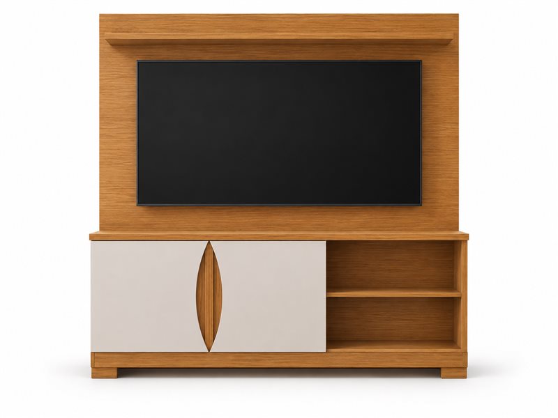 Painel de madeira com rack e espaço para TV