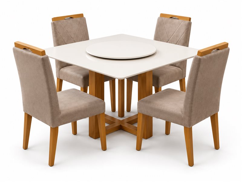 Mesa de jantar quadrada branca com 4 cadeiras estofadas